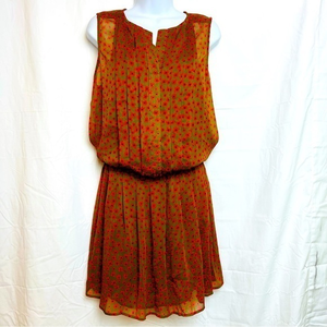 QMack Spring Summer Sleeveless Dress Elastic Waist Moss Green Orange Flowers  Lg